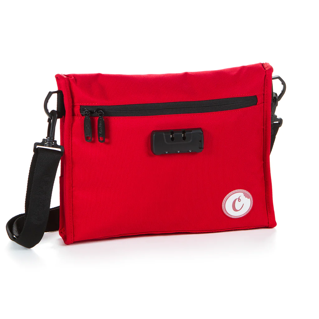 Photograph of product: THE BIZZNIZZ MID-SIZE STREAMLINED SMELL PROOF NYLON SHOULDER BAG W/ LOCK - Red