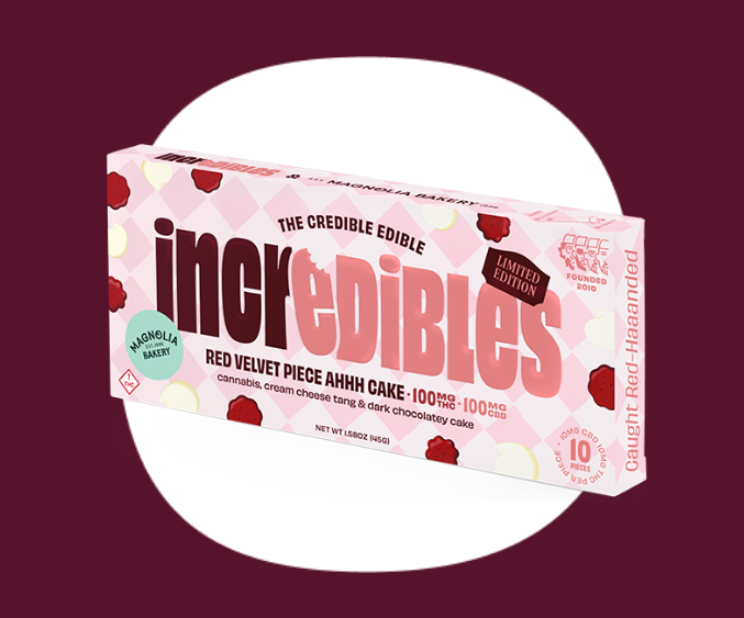 Photograph of product: Incredibles | Red Velvet Piece Ahhh Cake | Cream Cheese Tang & Dark Chocolatey Cake | 100mg | 10pcs