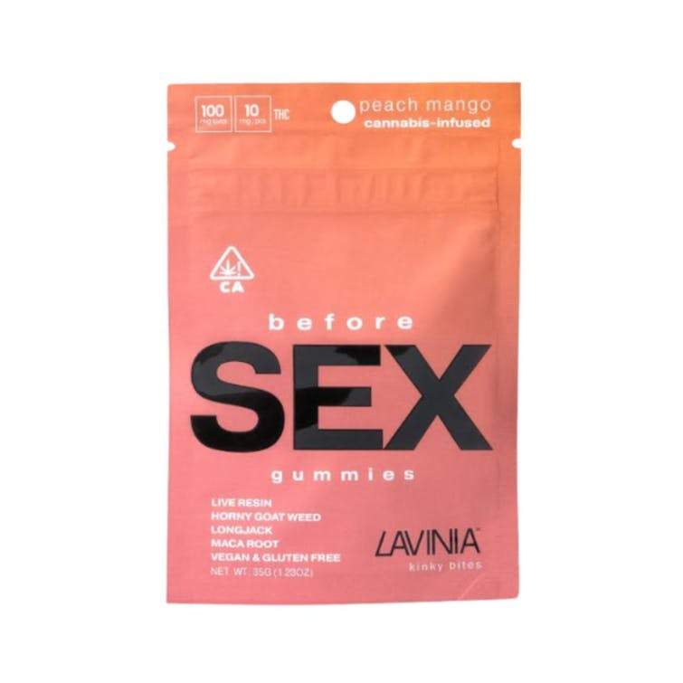 Photograph of product: BEFORE SEX PEACH MANGO - LIVE RESIN GUMMIES - 10 PACK - HYBRID - LAVINIA KINKY BITES