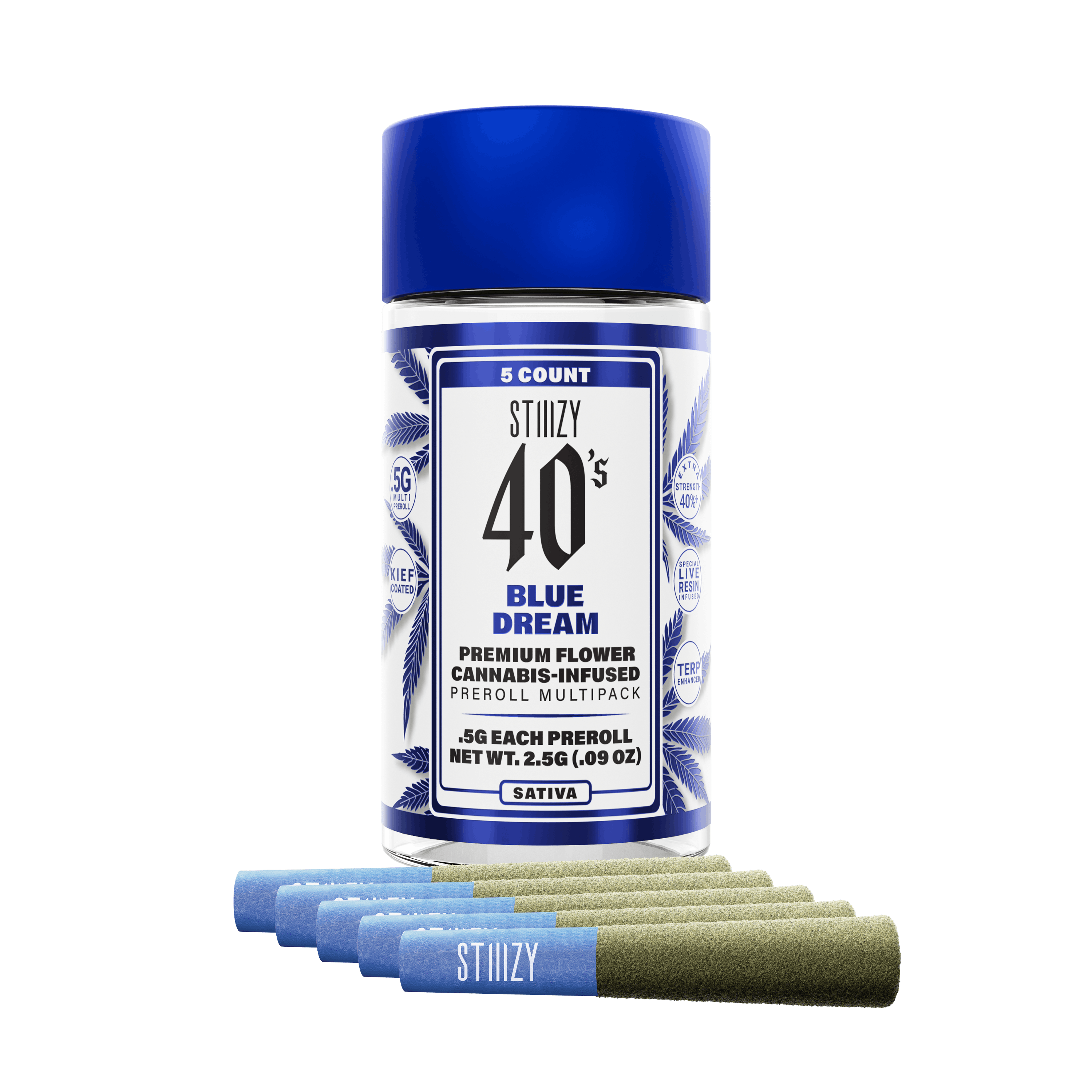 Photograph of product: 2.5g Blue Dream 40's Infused Pre Roll 5pk