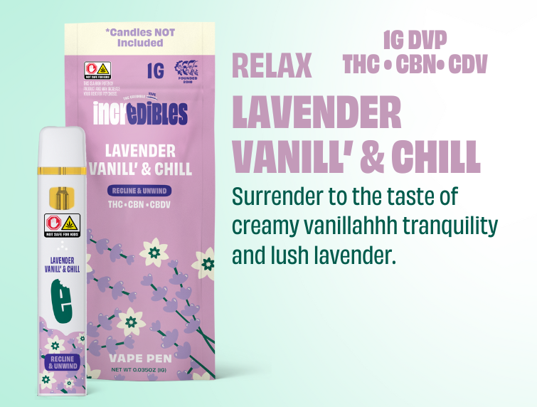 Photograph of product: Incredibles Vape Disposable 1g- Lavender Vanilla 14:1:1 (TH-oui:CBDV:CBN)