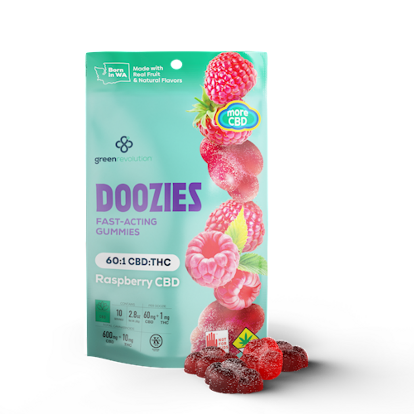 Photograph of product: Green Revolution - Raspberry 60:1 CBD:TH-oui Gummies - 10mg