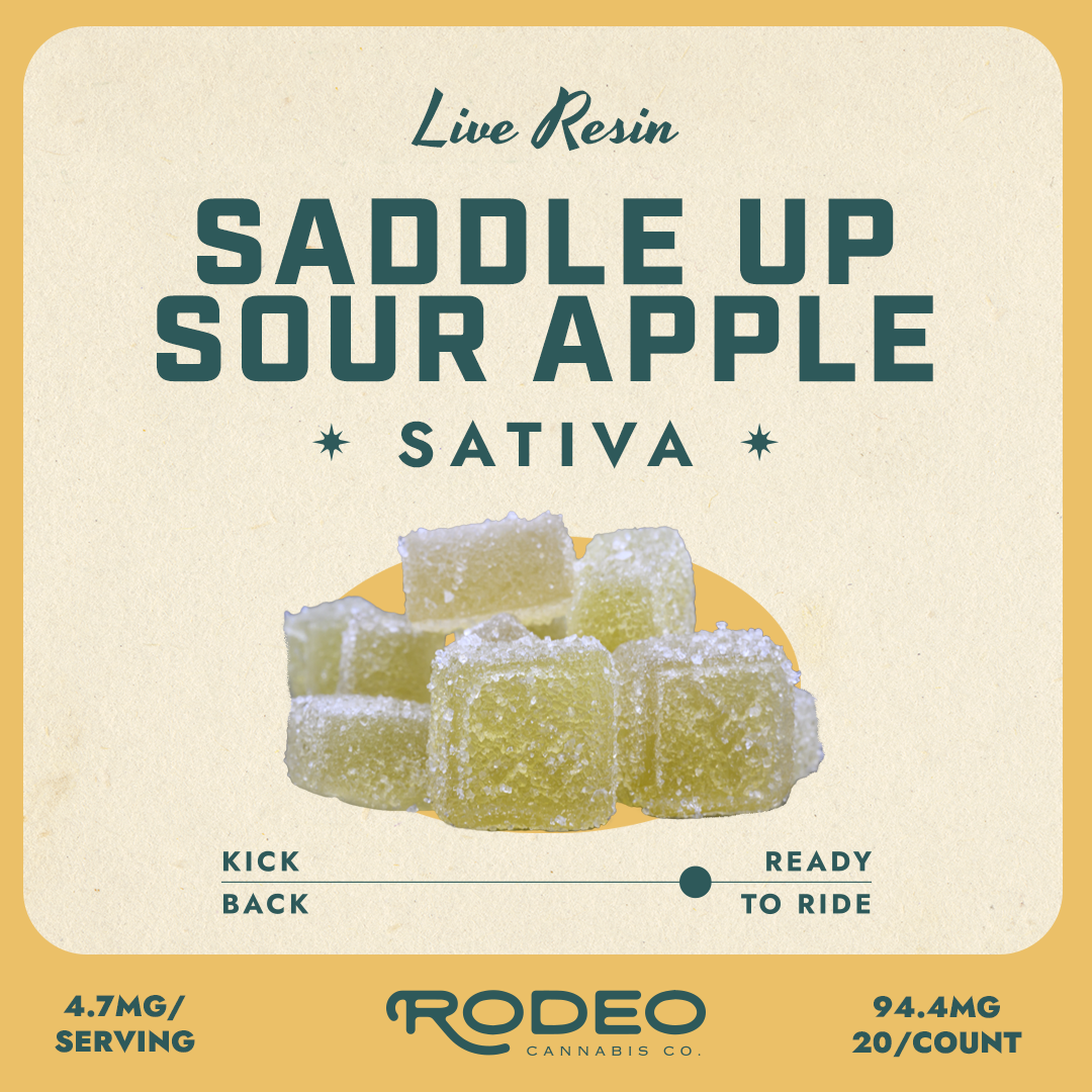 Photograph of product: Rodeo Saddle Up Sour Apple Live Resin Gummies T94.4 (S) 20 Pack - 00231