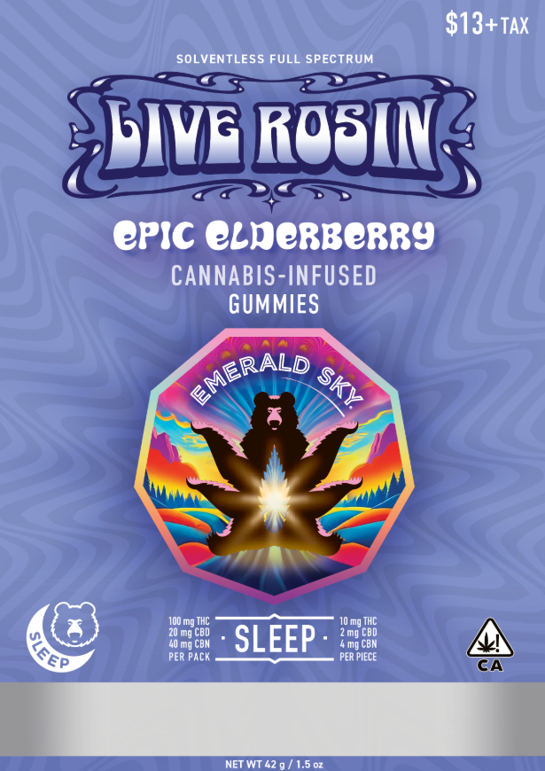 Photograph of product: Emerald Sky | Epic Elderberry | Solventless Full Spectrum Live Rosin Sleep Gummies | 100mg
