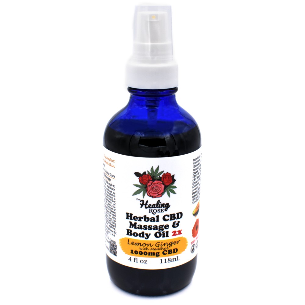 Photograph of product: CBD Massage &  Body Oil | Healing Rose | Lemon Ginger with Menthol | 2:1 CBD:CBG | 3X | 1500mg | 4oz