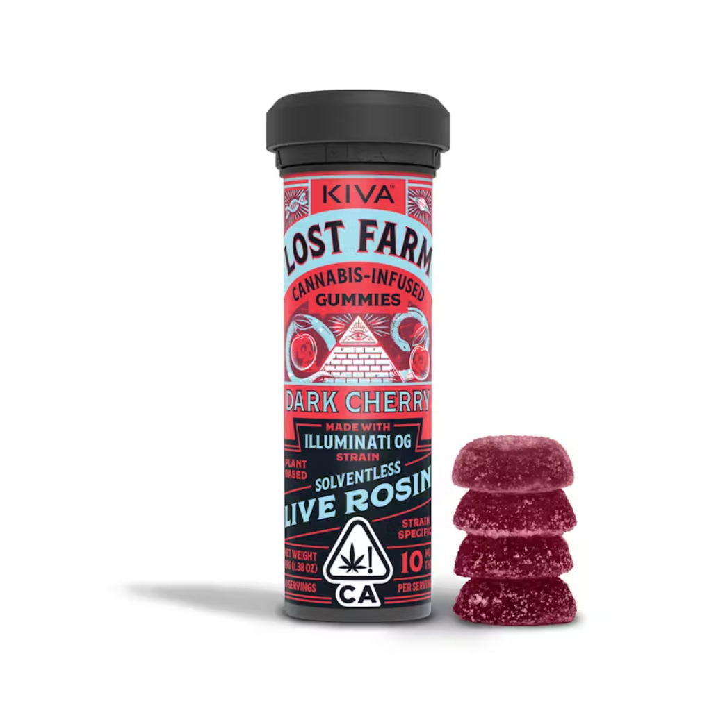 Photograph of product: Kiva | Dark Cherry (Illuminati OG) - 100mg Solventless Lost Farm Gummies