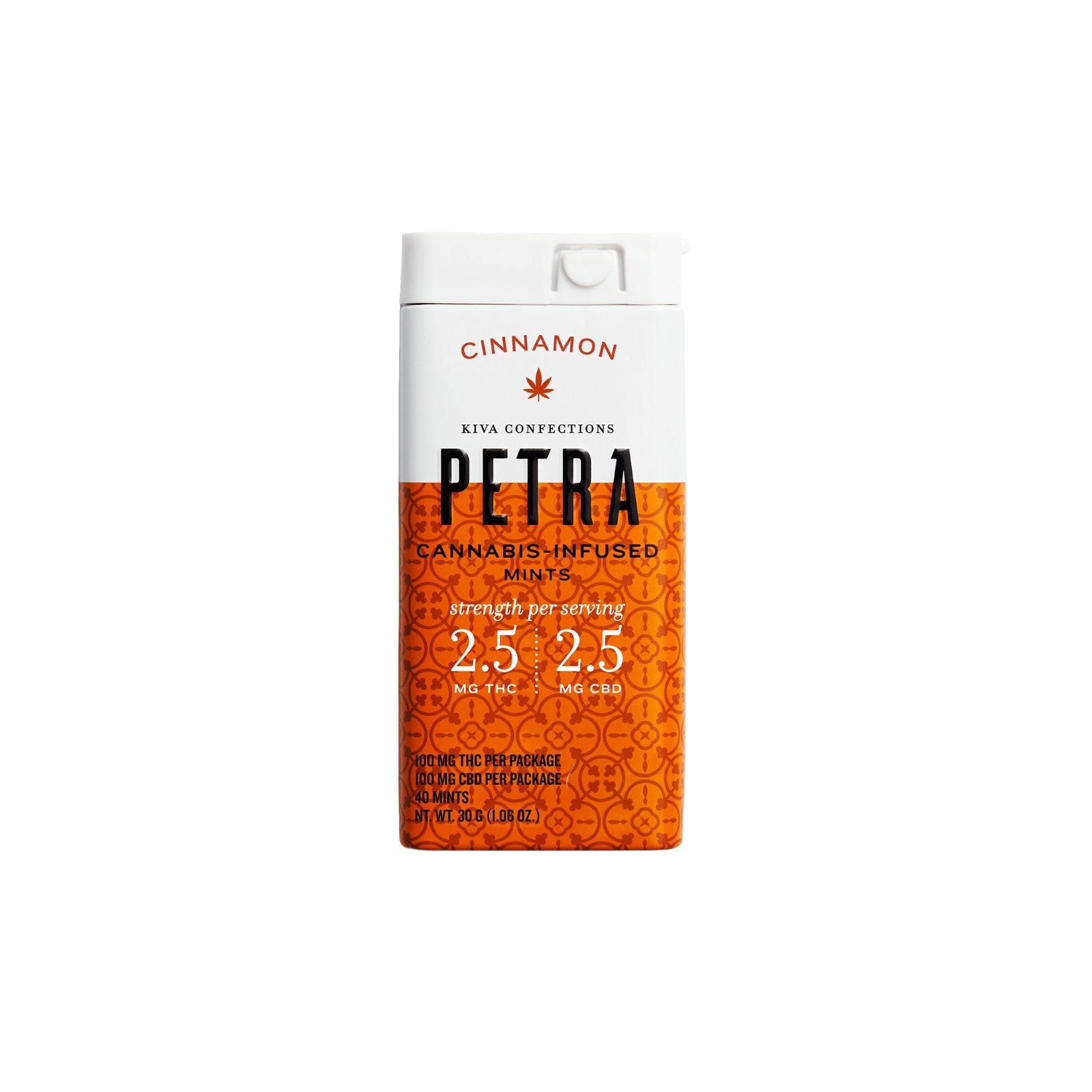 Photograph of product: KIVA | PETRA | SAIGON CINNAMON | MINTS | 100MG:100MG | REC