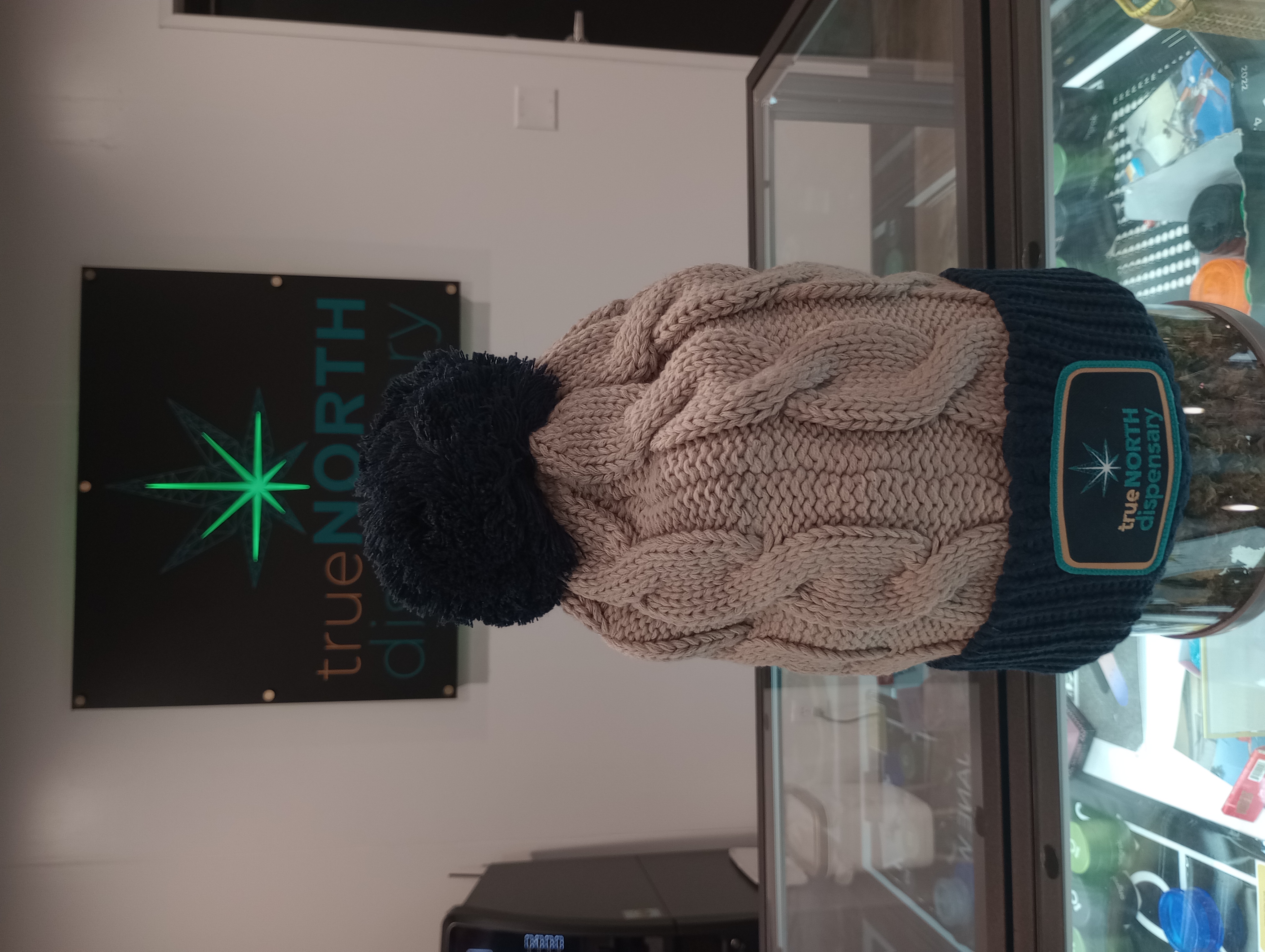 Photograph of product: Chunk Twist Knit Beanie w/ Cuff & Pom - Stone/Navy