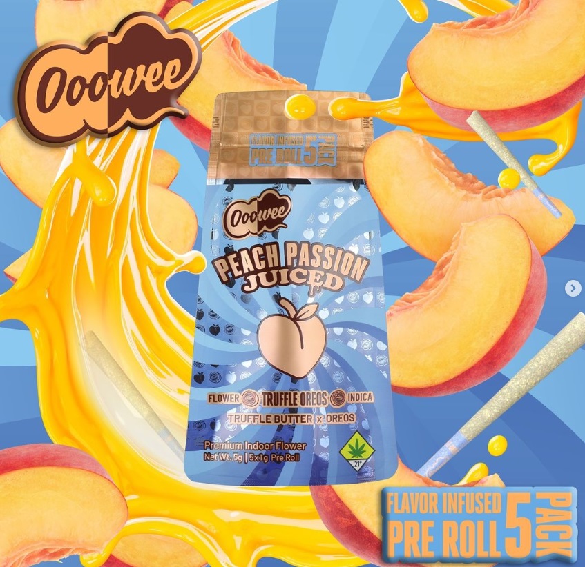 Photograph of product: Peach Passion x Truffle Oreoz 5x1g Juiced Infused Preroll Pack Ooowee