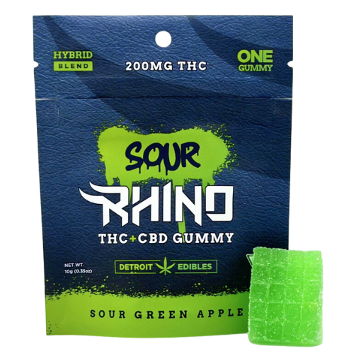Photograph of Product: Detroit Edible Company Sour Green Apple Rhino 4:1 Single Serve Gummy THC/CBD 200mg
