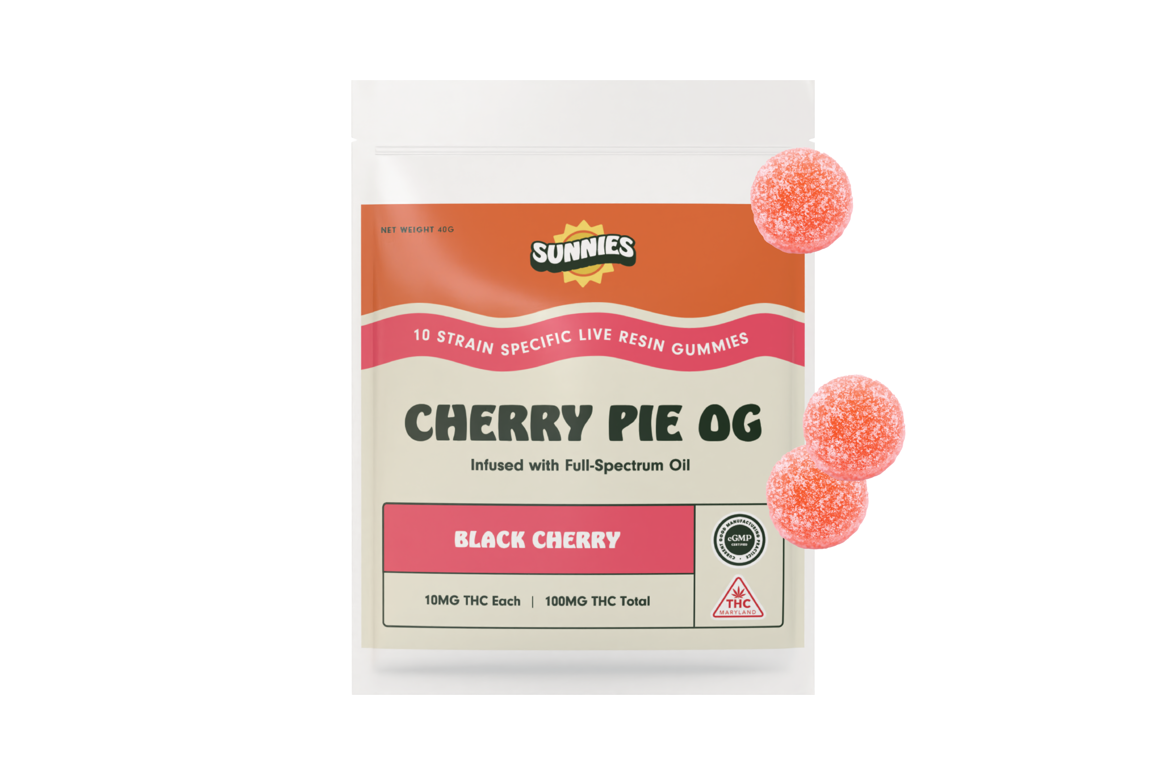 Photograph of Product: Sunnies Live Resin Gummies: Cherry Pie OG I Black Cherry 10mg