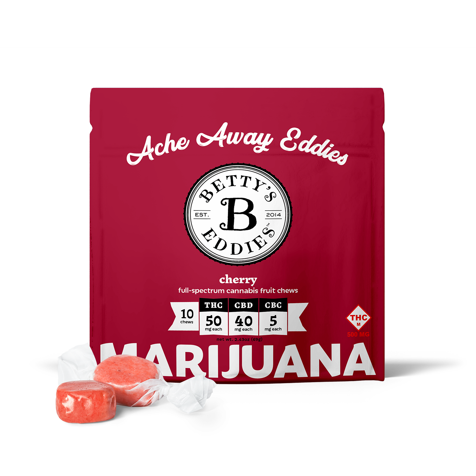 Photograph of product: Betty's Eddies | Cherry Ache Away Eddies 50mg TH-oui, 40mg CBD, 5mg CBC | 500mg (10pk)