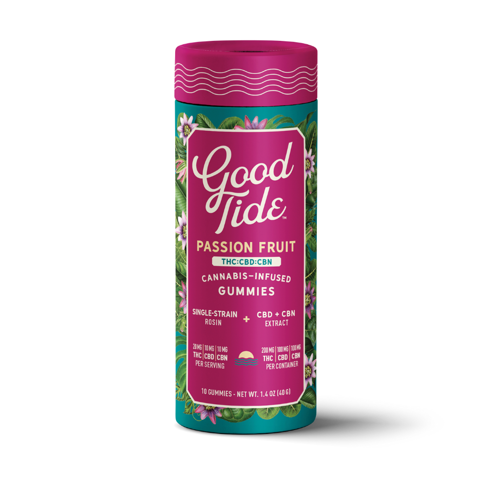 Photograph of product: Good Tide - 200mg THC / 100mg CBD / 100mg CBN - Hash Rosin Gummies - Passion Fruit (I)