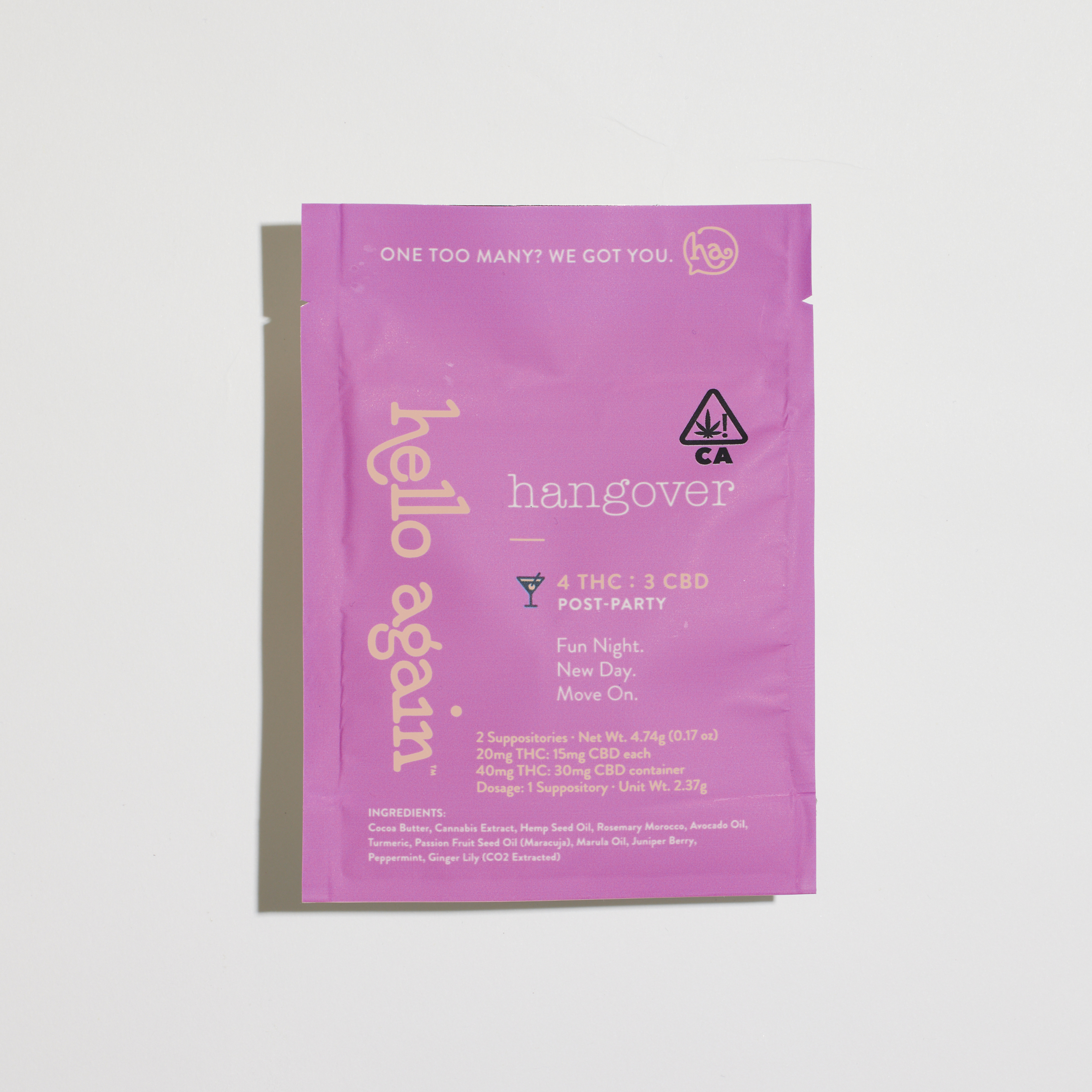 Photograph of Product: Hangover CBD 4:3 | 20mg THC : 15mg CBD 2PK Suppository | Hello Again