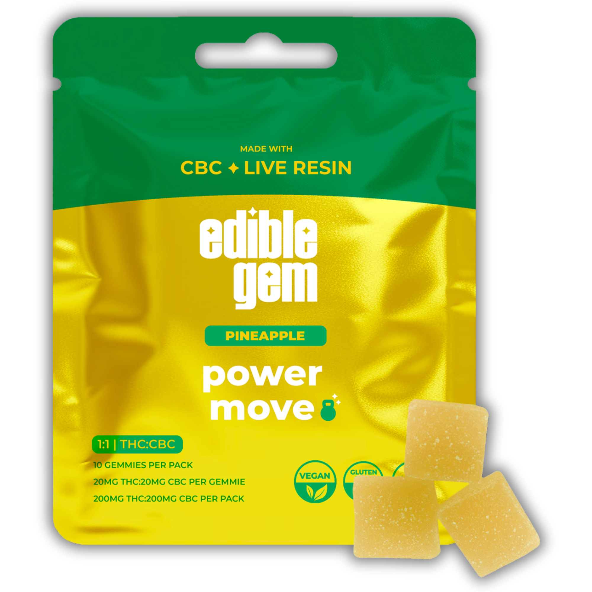 Photograph of Product: Edible Gem | Live Resin Gummy | Pineapple | 1:1 THC:CBC | 200mg