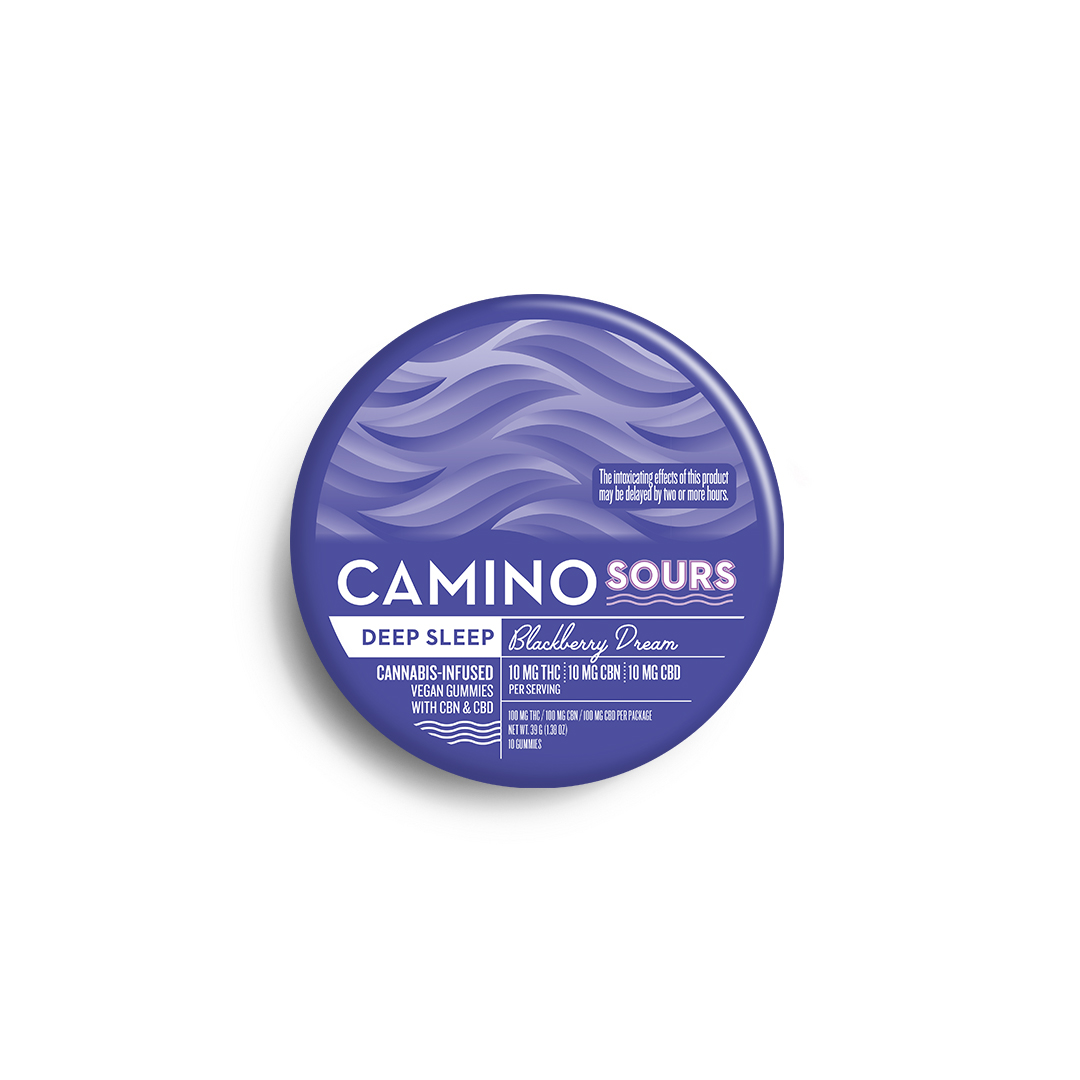 Photograph of product: Kiva | Camino Gummies | Sours Blackberry | 1:1:1 TH-oui:CBD:CBN | 10pk/100mg