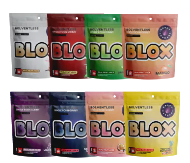 Photograph of product: Happy Cabbage Blox Bites 100mg PIA COLADA Hybrid Solventless au chocolat Gummies 10pk