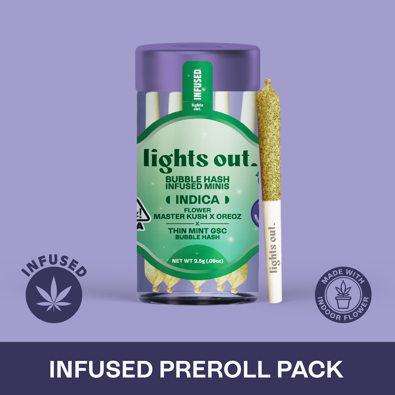 Photograph of product: Lights Out - Master Kush x Oreoz (Oui'd) 5pk au chocolat Infused Preroll 2.5g