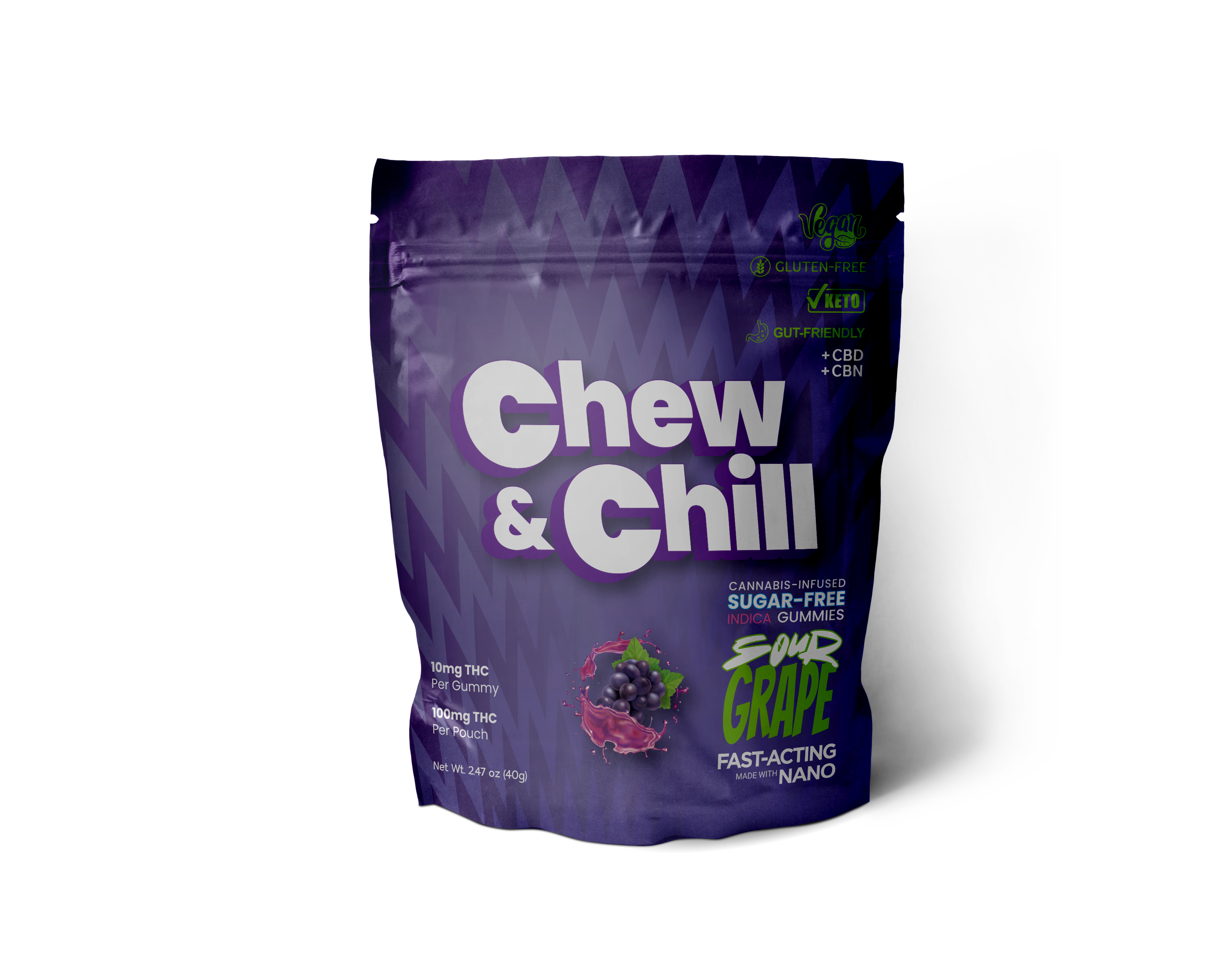 Photograph of product: Chew & Chill Sour Grape Sugar Free Gummies 100mg