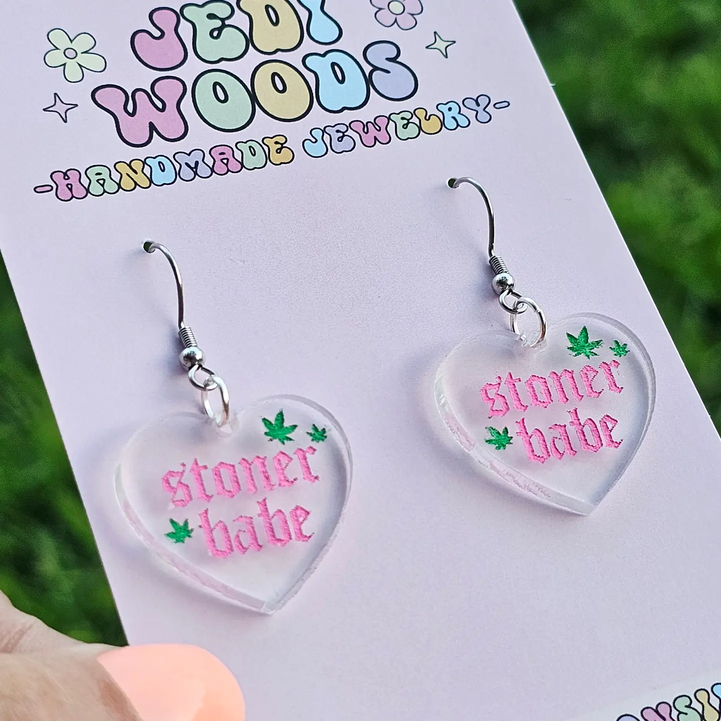 Photograph of product: Earrings | Stoner Babe - Oui'd Themed Heart | Acrylic | Jedi Woods Handmade