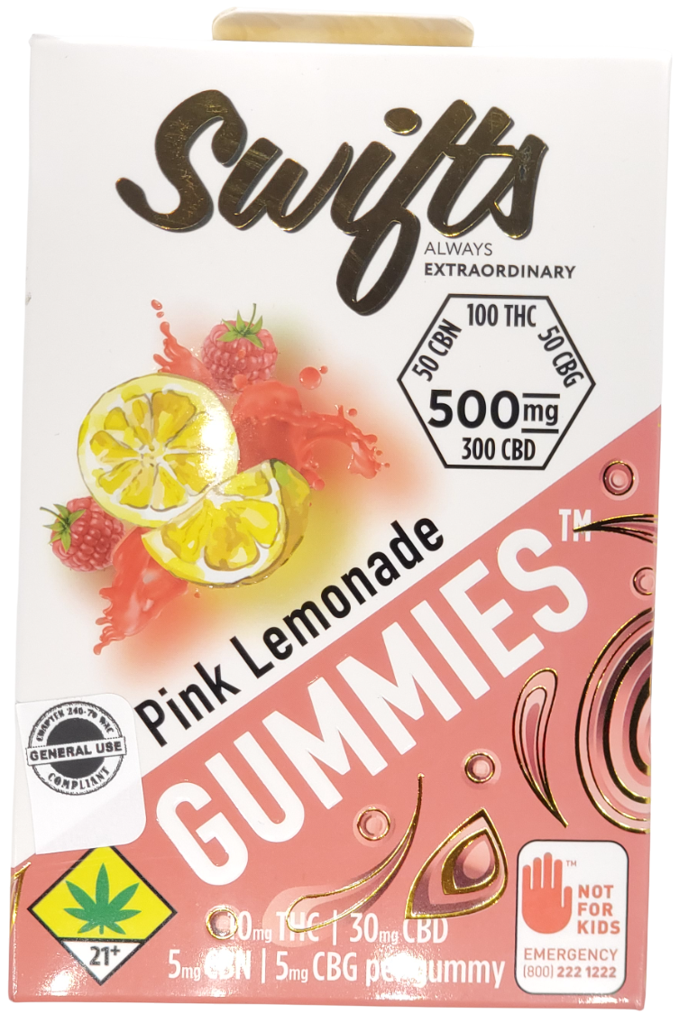Photograph of product: Swifts Gummies Pink Lemonade MAX 10mg TH-oui/30mg CBD/ 5mg CBN/ 5mg CBG 10pk