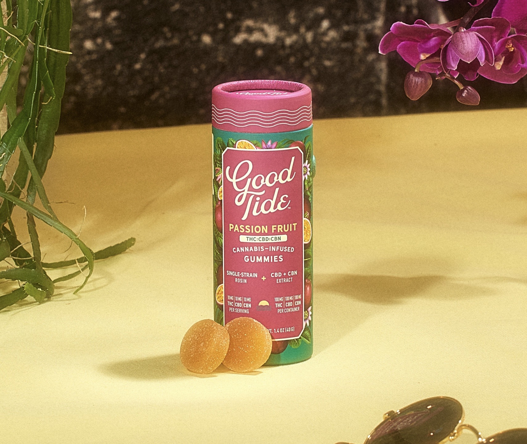 Photograph of product: Good Tide | Edibles | Passion Fruit | Oui'd | 1:1:1 TH-oui:CBD:CBN | 10pk | 100mg