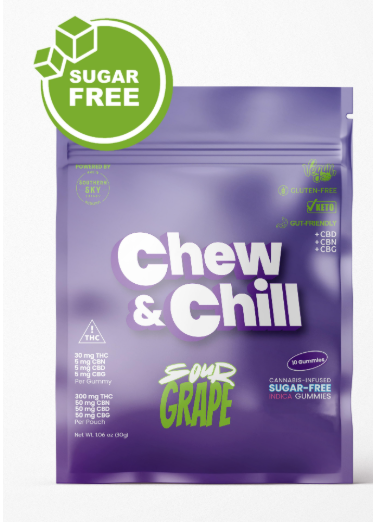 Photograph of product: Southern Sky | 300mg | Chew & Chill Sour Grape | Sugar-Free Gummies