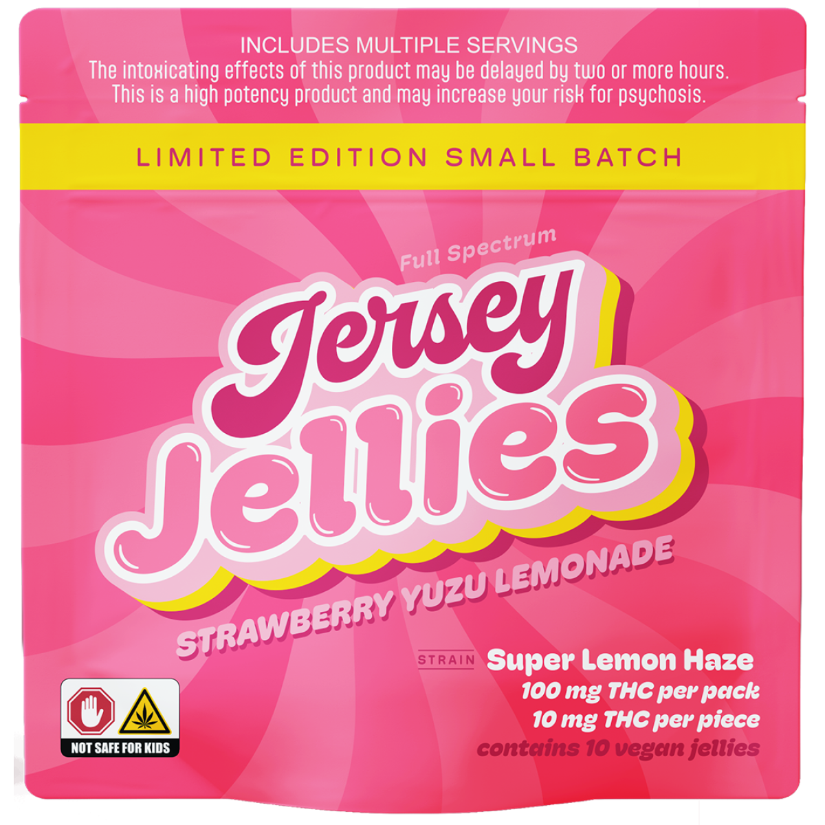 Photograph of product: Jersey Jellies Limited Edition: Strawberry Yuzu Lemonade with Super Lemon Haze - 100mg TH-oui 10 pack