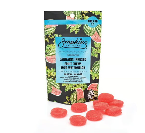 Photograph of product: SMOKIEZ 1:1 CBD FRUIT CHEWS - SOUR WATERMELON