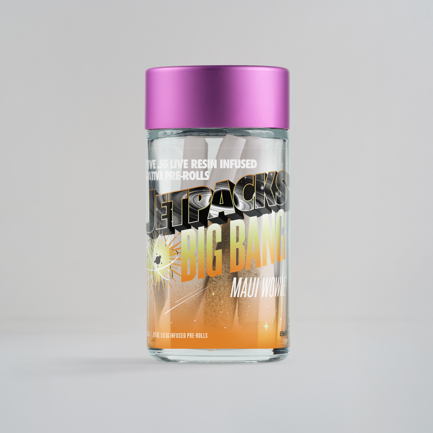 Photograph of product: JetPacks | Big Bang | Maui Wowie | Live Resin Diamond Infused Pre-Rolls | .5g 5pk