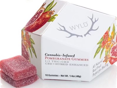 Photograph of product: 100mg 10pc 1:1 TH-oui:CBD Pomegranate - Gummies - Wyld