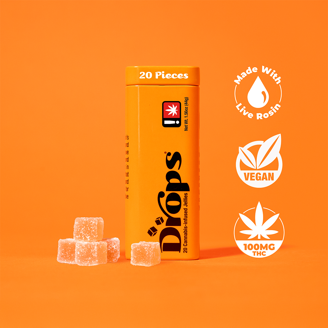 Photograph of product: Drops | Orange Jellies 20-pack | 100mg