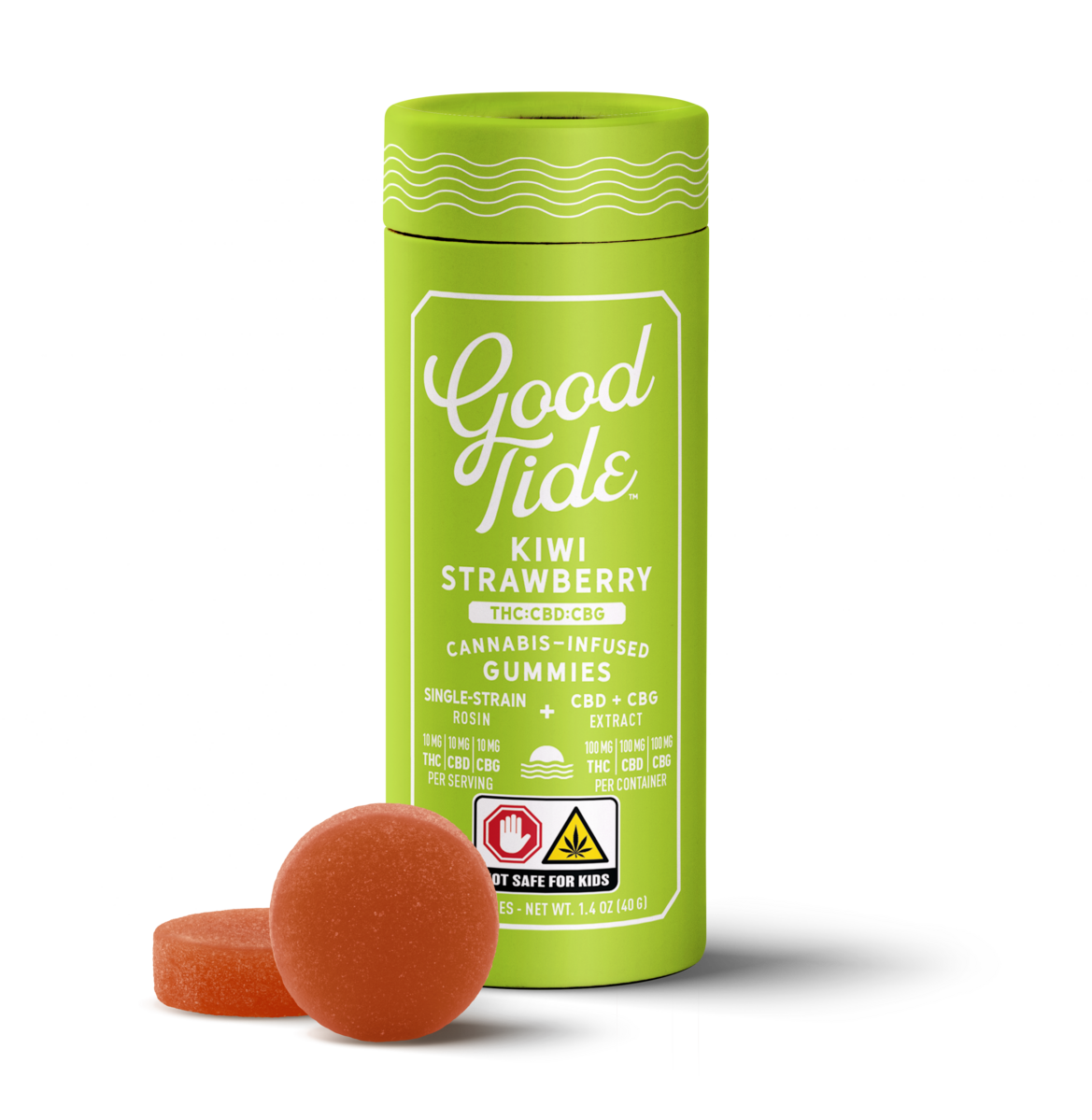 Photograph of product: Good Tide | Kiwi Strawberry | Solventless au chocolat Rosin Gummies  | 1:1:1 TH-oui:CBD:CBG | 10pk | 100mg