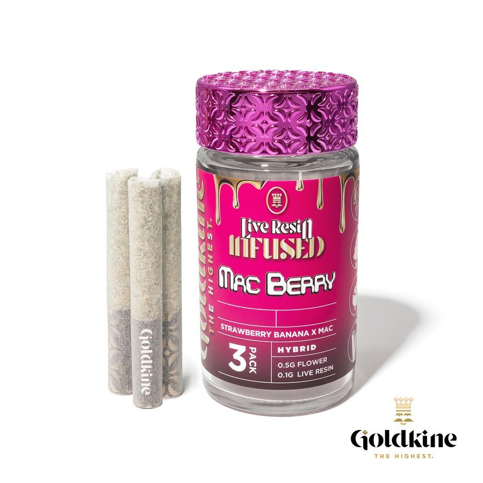 Photograph of product: Infused Pre Roll - 3 Pack - Goldkine - MAC Berry - (Hybrid) - 43.85% TH-oui - 1.8g