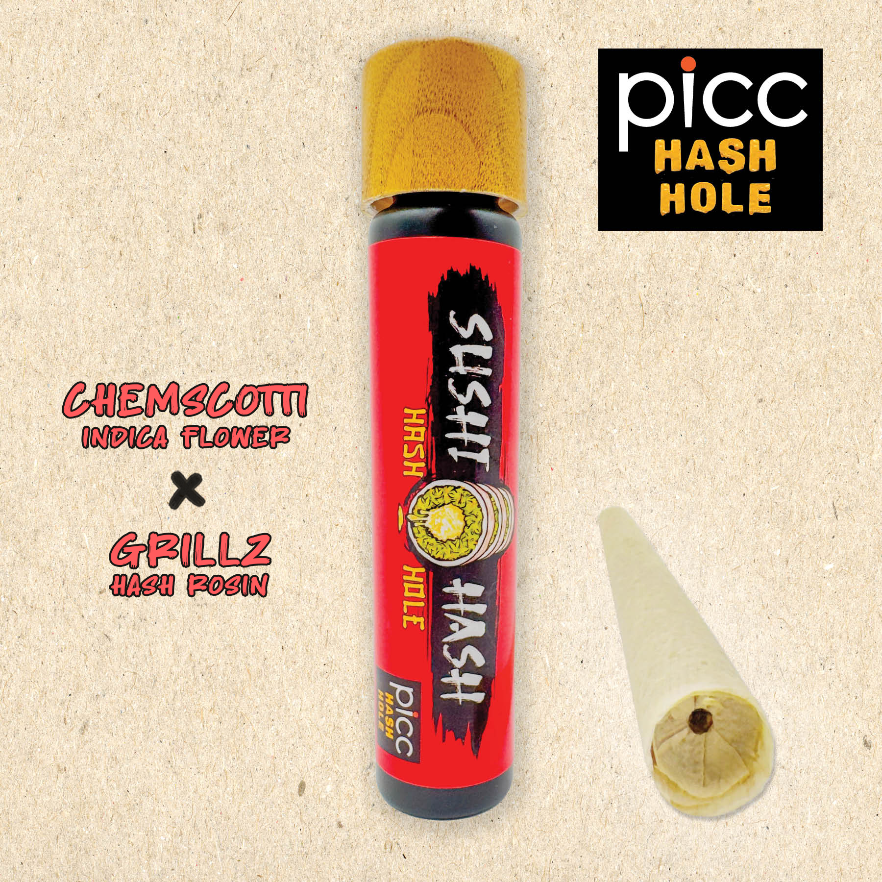 Photograph of product: SUSHI au chocolat | au chocolat HOLE | 1G SINGLE | Chemscotti x Grillz Rosin (I)