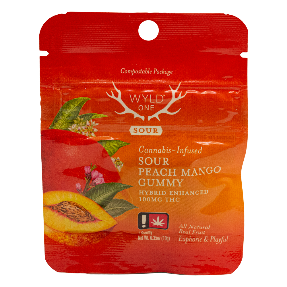 Photograph of product: Gummy - Hybrid - THC:100mg - Single - Sour Peach Mango