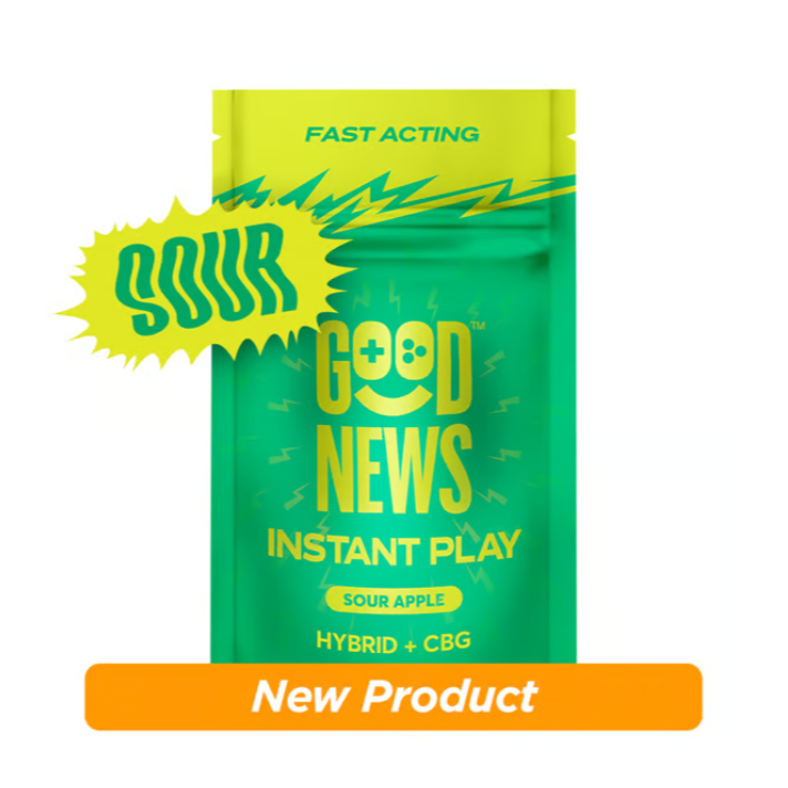 Photograph of product: Good News | Sour Apple Fast Acting Instant Play 1:2 (CBG,TH-oui) Gummies 10Pk - Hybrid
