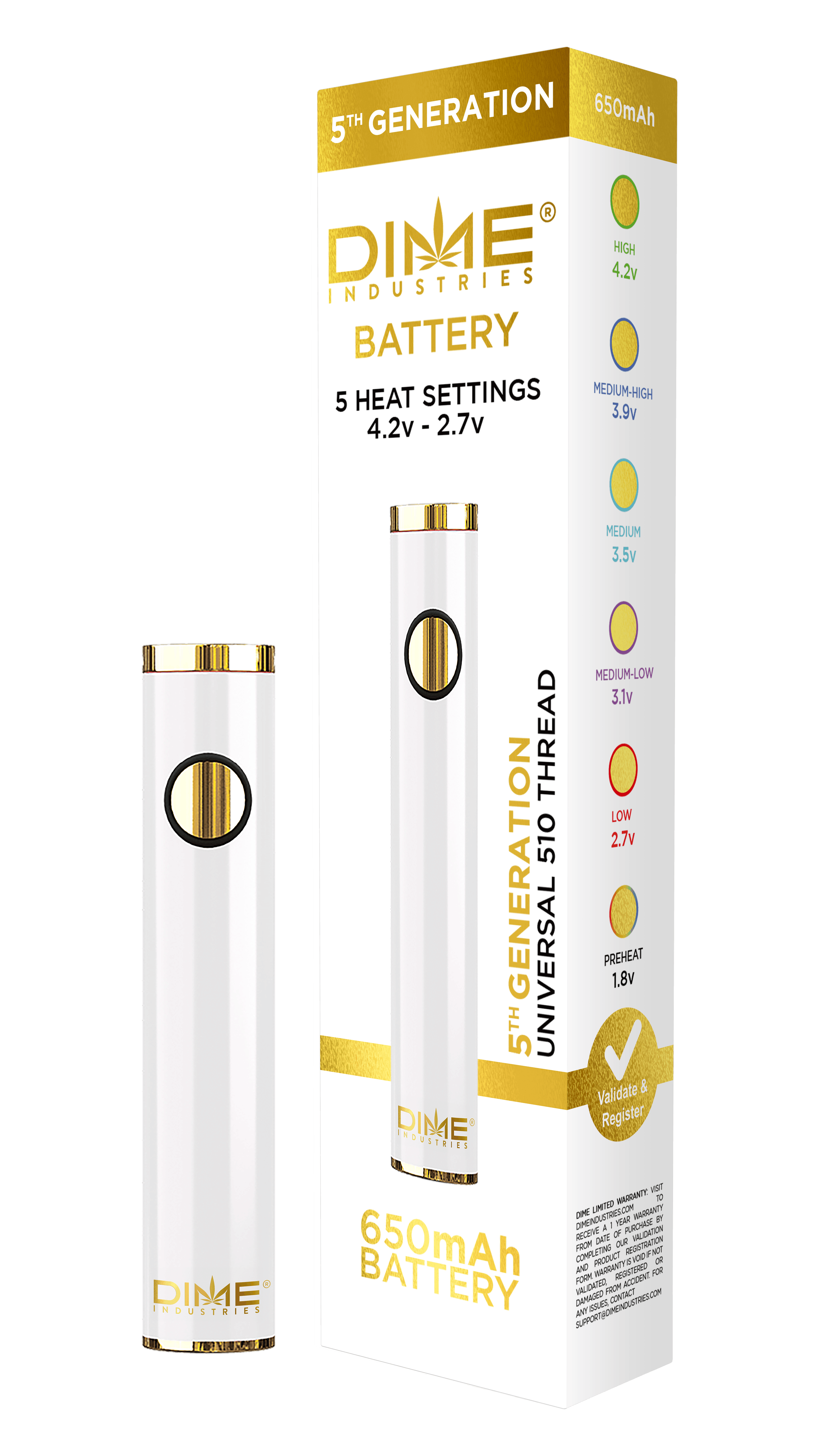 Photograph of product: Dime Industries - 5th Generation 510 Battery - White