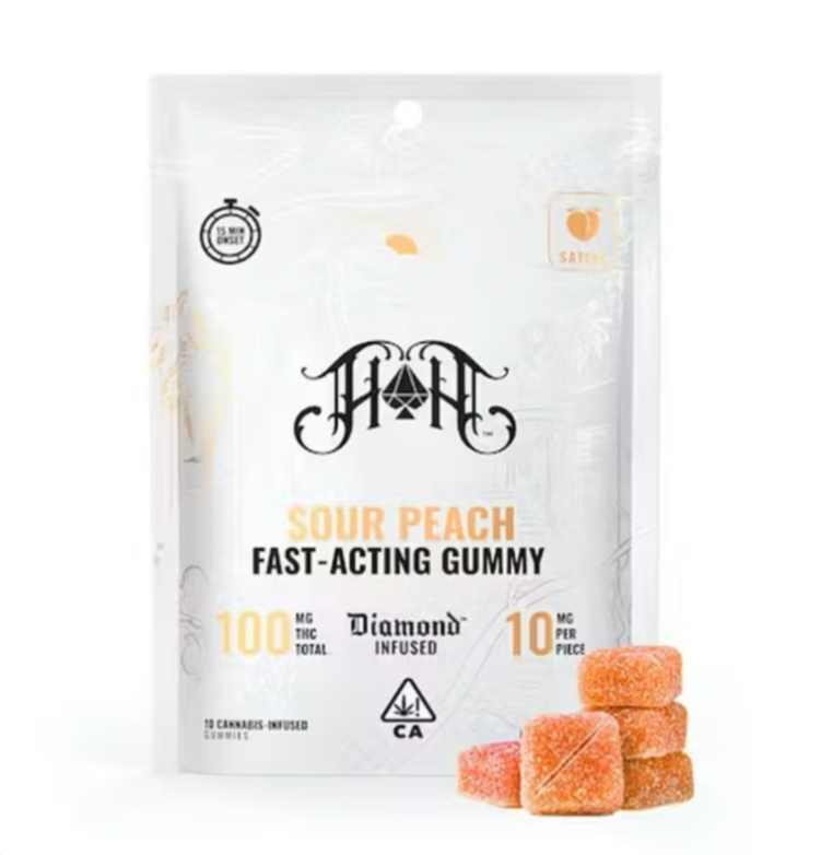 Photograph of product: SOUR PEACH FAST ACTING 100MG 10 PACK GUMMIES