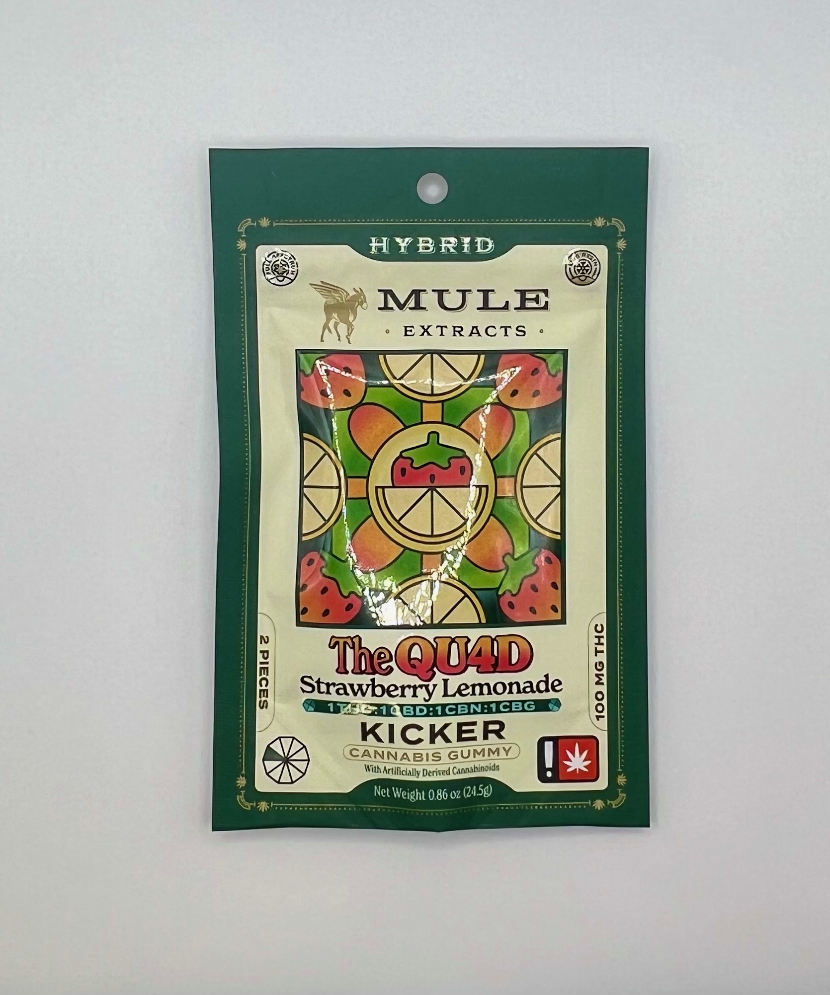 Photograph of product: Mule | Strawberry Lemonade 1:1:1:1 | TH-oui:CBD:CBN:CBG | 100mg 2-Piece Gummy
