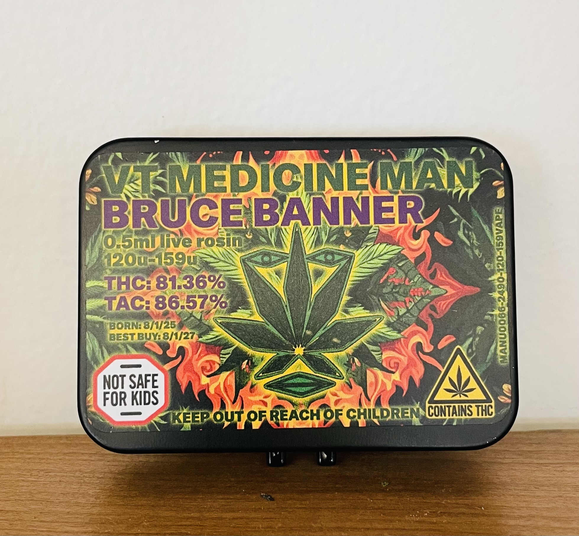 Photograph of product: VT Medicine Man | Bruce Banner Live Rosin | Cartridge | .5g | 81.36% TH-oui