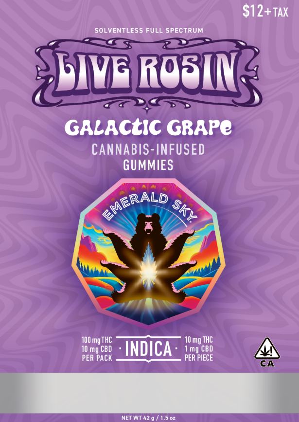 Photograph of product: Emerald Sky | Galactic Grape | Solventless Full Spectrum Live Rosin Gummies | 100mg