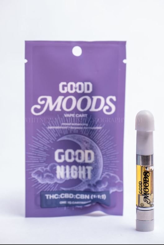 Photograph of product: *Moods* Good Night 1:1:1 1g Vape Cartridge