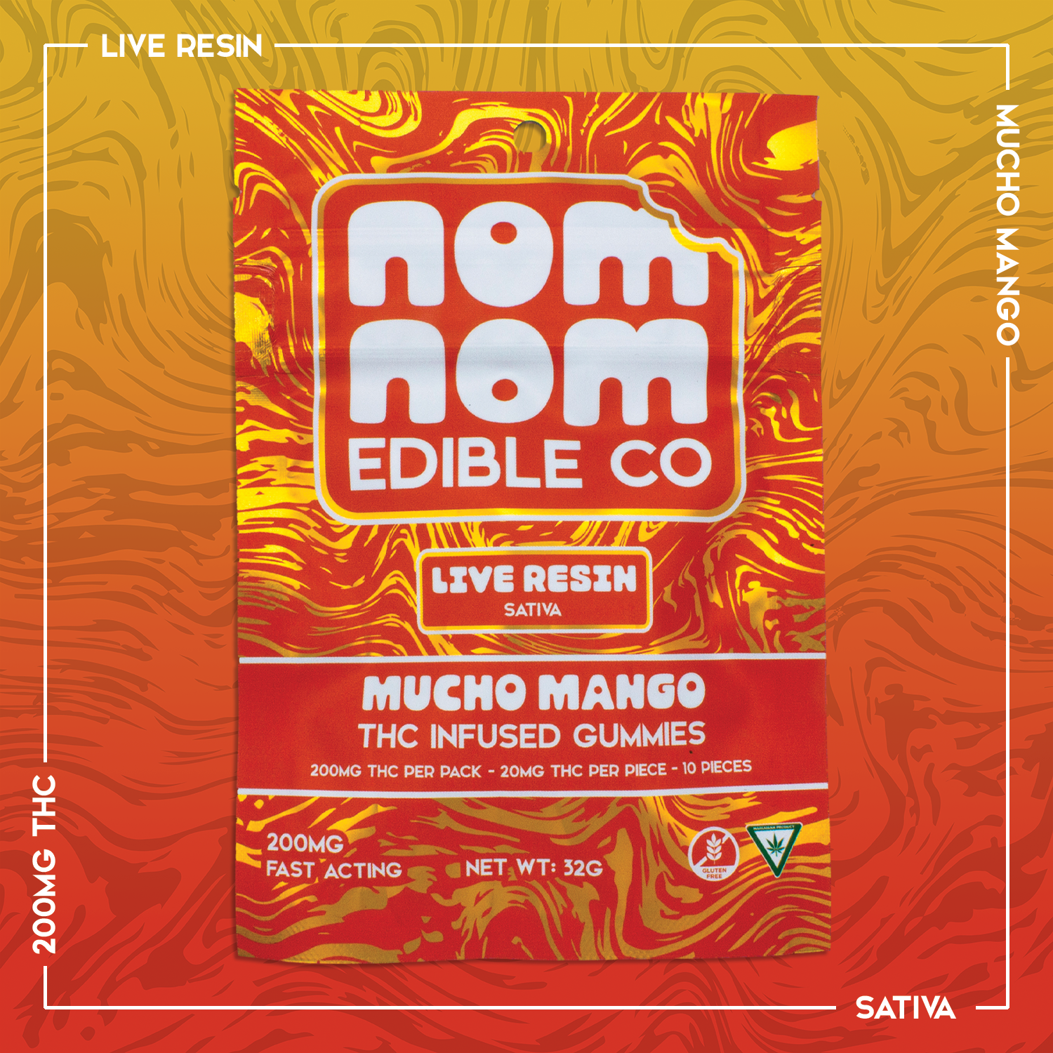 Photograph of product: Nom Nom Edible Co. - 200mg Live Resin Gummies - Mucho Mango