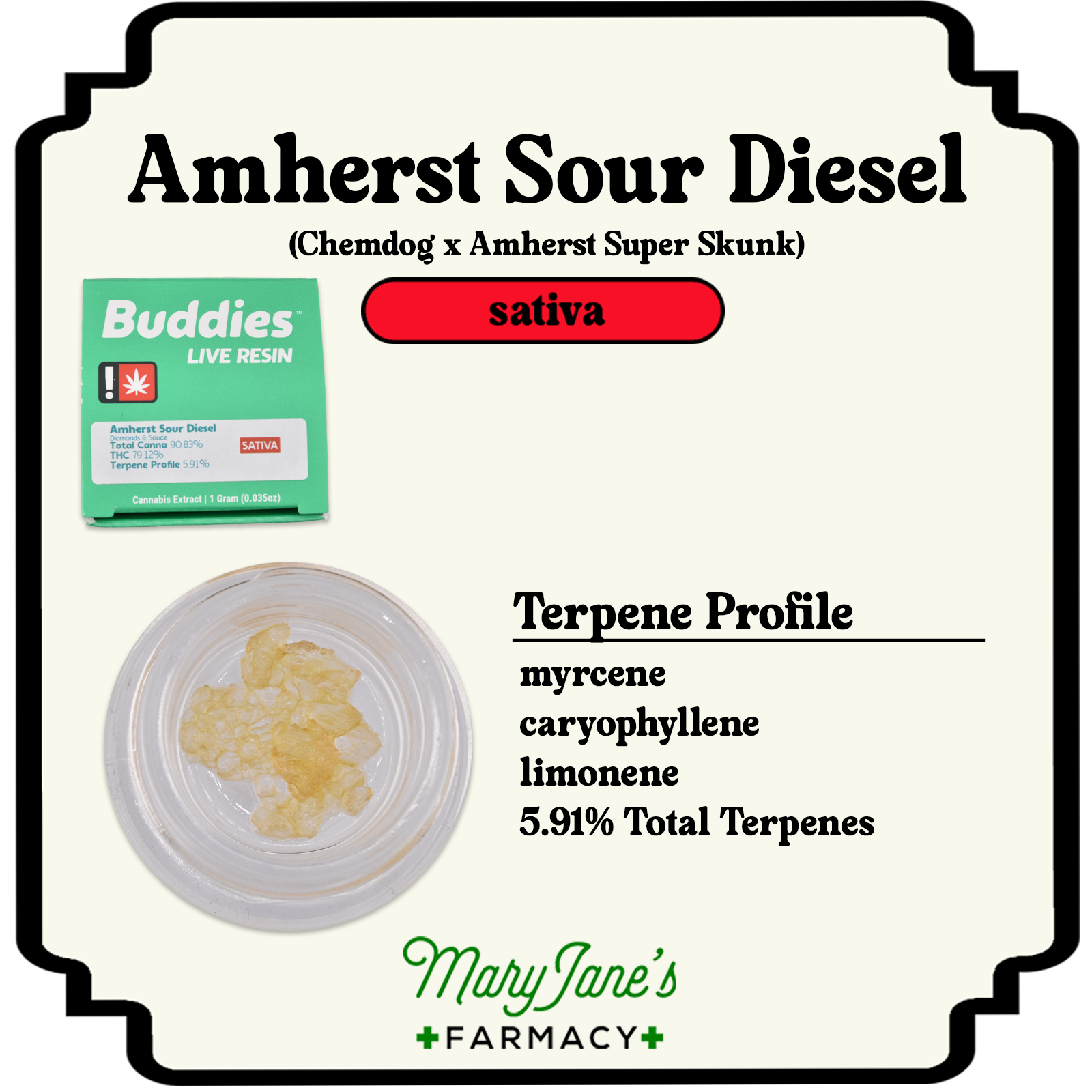 Photograph of product: Amherst Sour Diesel Live Resin Diamonds & Sauce Extract | 1g