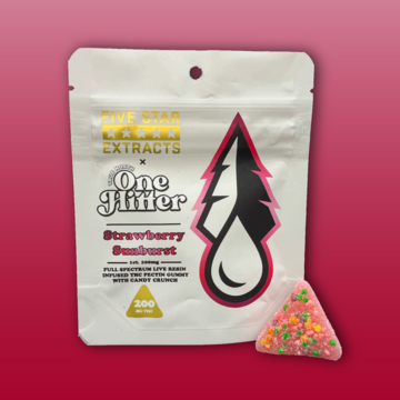 Photograph of product: Strawberry Sunburst Live Resin One Hitter Vegan Gummy | Five Star Extracts x True North Confections | 200mg