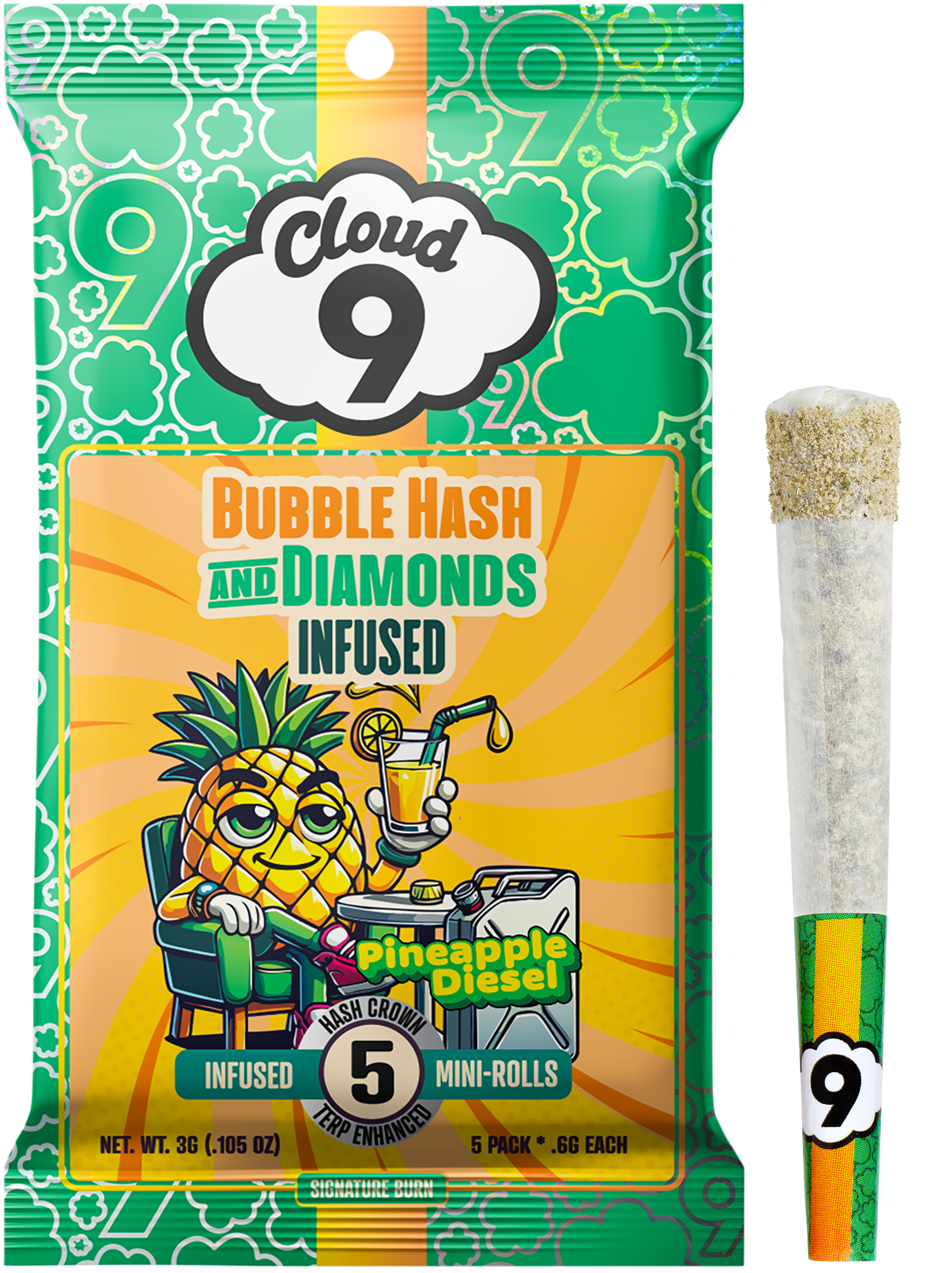 Photograph of product: Cloud 9 - Pineapple Diesel Bubble au chocolat and Diamond Infused 5pk 3g