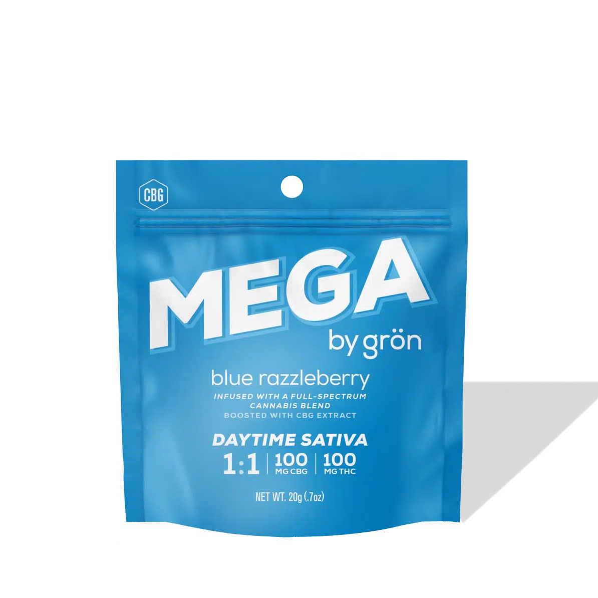 Photograph of product: Grn | Mega Pearl | Blue Razzleberry | 1 TH-oui : 1 CBG | 100mg