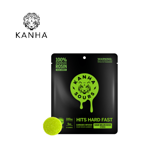 Photograph of product: SOUR MELON RUSH 100MG 10 PACK NANO SOLVENTLESS ROSIN GUMMIES