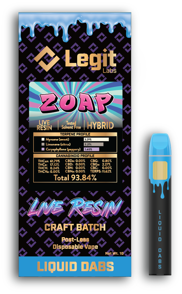 Photograph of product: Legit Labs | Postless Disposable Vapor Cartridge | Live Resin | Zoap | 1g